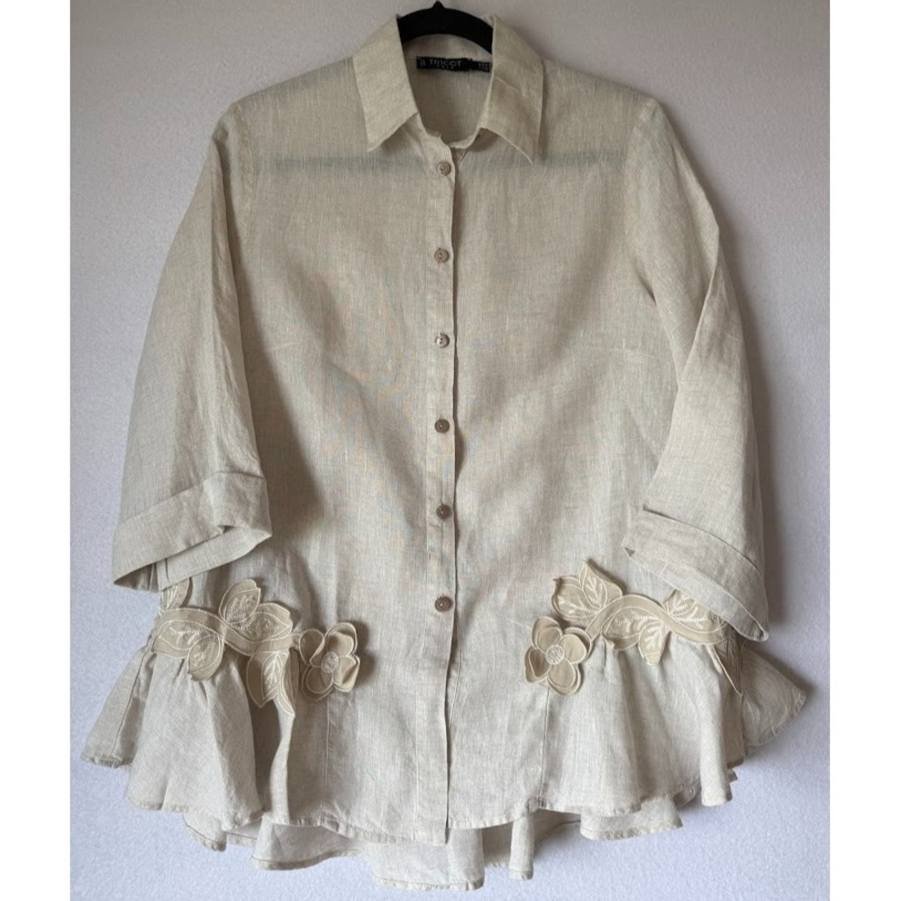 Tricot Chic Blouse Women 44 (US 8)  Beige Linen Floral Peplum Ruffle Top Boho